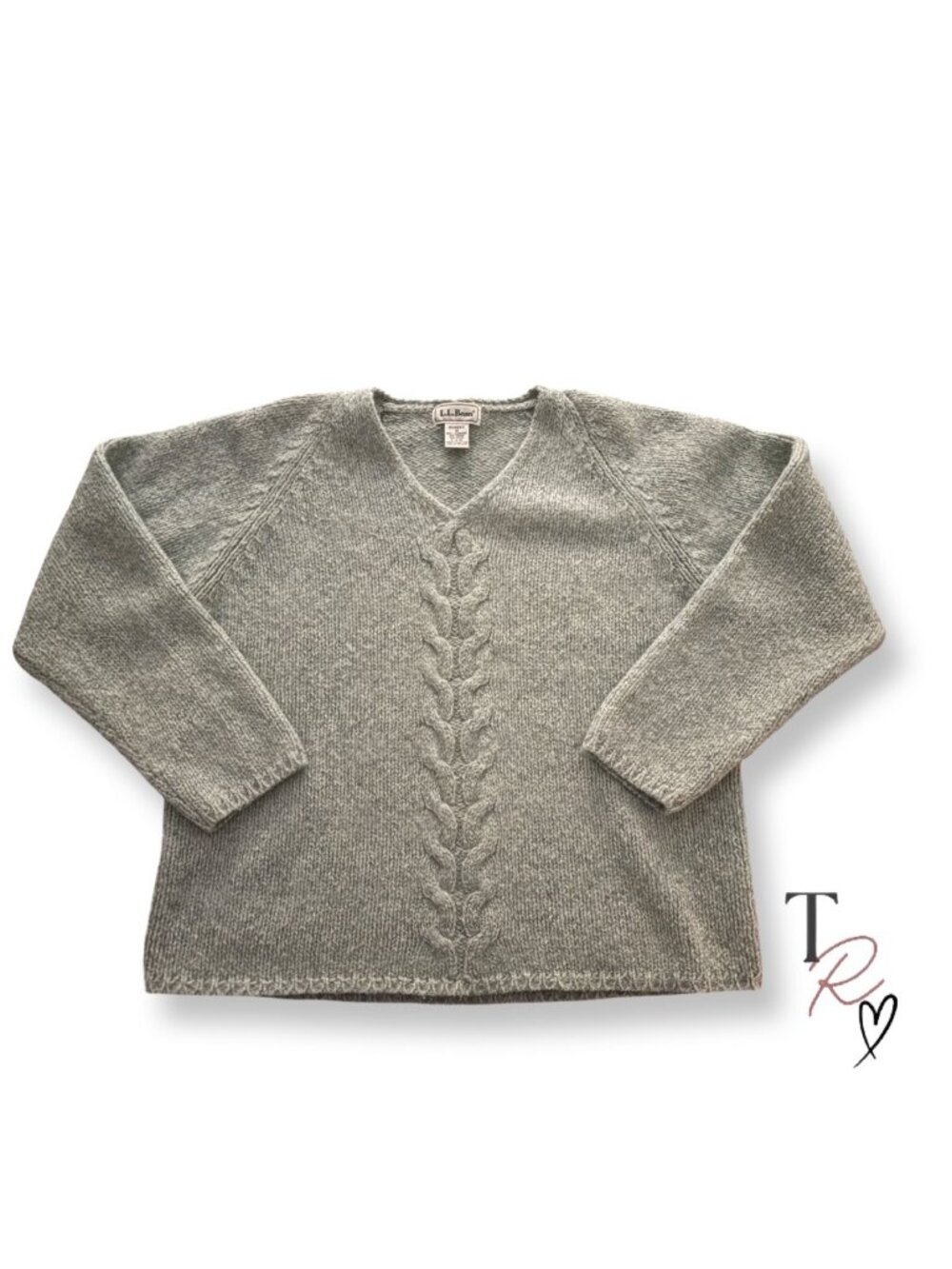 Vintage L.L.Bean Wool Blend Cable Knit V Neck Sweater Green Medium New England